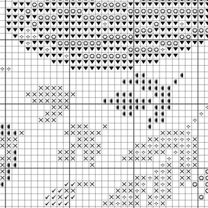 May include: Black and white cross stitch pattern with a variety of shapes, including circles, squares, and triangles. The pattern is designed to be stitched on a white background.