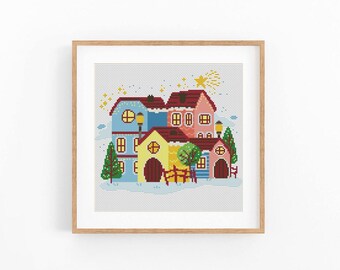 Christmas Winter Town Cross Stitch Pattern, Colorful Holiday Houses Chart, Modern Xmas Village Art, Instant Download PDF