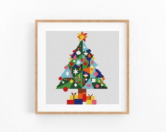 Christmas Tree Cross Stitch Pattern, Colorful Patchwork Ornaments Embroidery, Mosaic Xmas Chart, PDF Instant Download