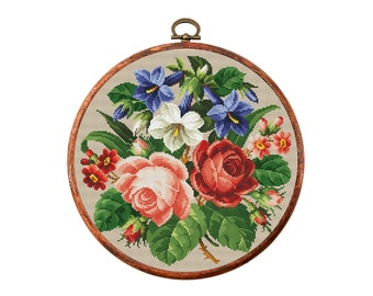 Wzór haftu krzyżykowego Vintage Flowers, antyczny wzór haftu krzyżykowego, wiktoriański kwiatowy wzór haftu krzyżykowego, haftowany kwiat, natychmiastowe pobranie pliku PDF
