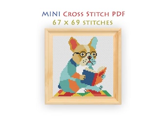 French Bulldog Cross Stitch Pattern, Bookworm Dog in Glasses, Mini Beginner Instant Download PDF
