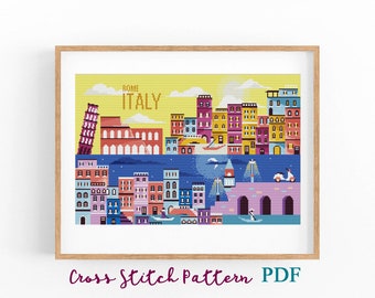 Patrón Punto de Cruz Roma Italia. Cartel de viaje. Paisaje urbano, muestra moderna. Gráfico de punto de cruz contado. Paisaje artístico. Descarga instantánea de PDF