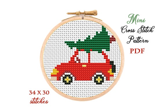 Mini schema punto croce. Albero di Natale dell'auto. Schema punto croce  contato. Ricamo a cerchio di Natale. Piccolo principiante di xstitch.  Scarica subito il PDF -  Italia