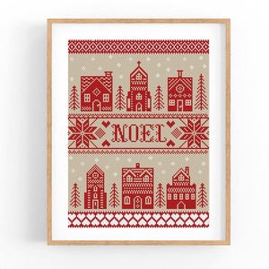 May include: Red and white cross-stitch pattern with a winter village scene and the word "NOEL" in the center. The pattern features houses, a church, and snowflakes.