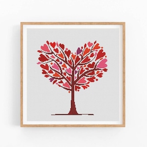 Modern cross stitch pattern Tree Heart Love, Valentines Day embroidery design, cross stitch chart, Heart xstitch, Instant download PDF.