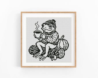 Autumn Frog Cross Stitch Pattern, Cozy Coffee, Pumpkin and Mushroom Chart, Fall Animal Design, Beginner Friendly, Instant Download PDF