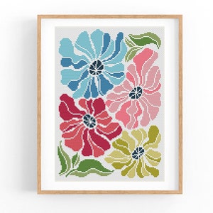 Kruissteekpatroon modern bloemen abstract, moderne bloemen, eenvoudig x-steekpatroon, kruissteekkaart, natuurpatroon, pdf direct downloaden
