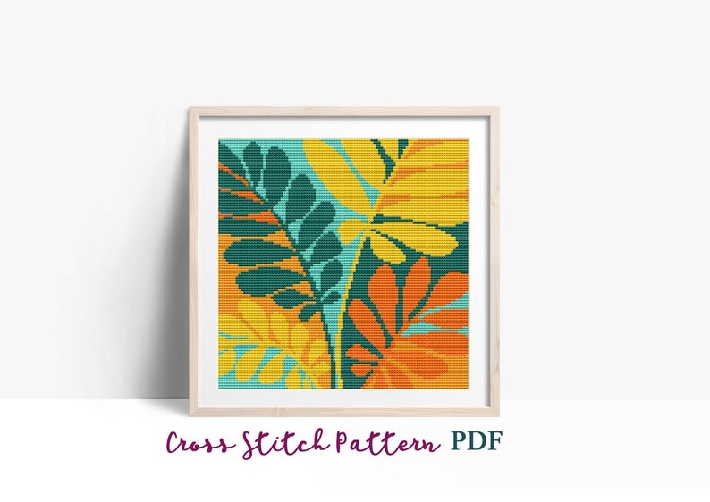 Cross Stitch Pattern Modern Tropical Abstract Plant x-stitch Pattern Orange Cross Stitch Chart,Nature Design Beginner,Instant Download PDF