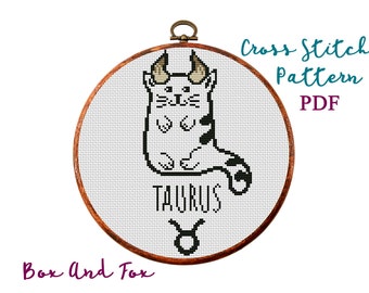 Cat Zodiac. Taurus.Modern Cross Stitch Pattern. Counted cross stitch chart. Hoop art embroidery. Astrology birth sign. Instant download PDF