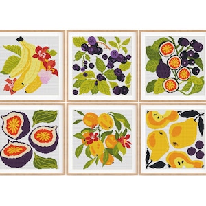 Peut inclure: Six illustrations encadrées de différents fruits et baies. Chaque cadre présente un fond blanc avec un seul type de fruit ou de baie, notamment des bananes, des mûres, des figues, des citrons, des poires et des oranges.