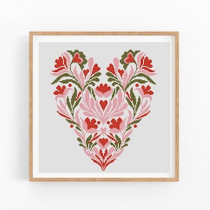 Padrão de ponto cruz moderno Flor Coração Amor, design de bordado para o Dia dos Namorados, gráfico de ponto cruz, ponto cruz para iniciantes, download instantâneo em PDF.