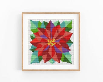 Poinsettia Cross Stitch Pattern, Christmas Flower X-Stitch Chart, Modern Holiday Design, Instant Download PDF