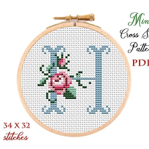 Letra H floral, mini patrón de alfabeto en punto de cruz, monograma floral, muestrario de punto de cruz contado, bordado inicial, descarga digital en PDF