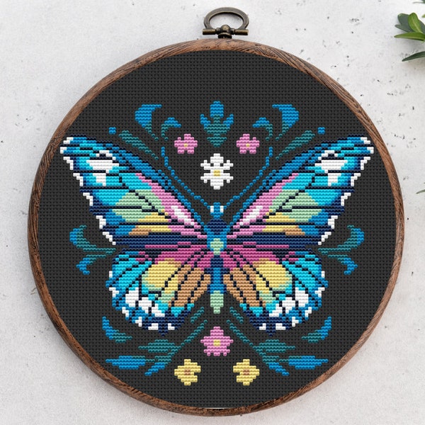 Butterfly cross stitch pattern, Woodland insect nature cross stitch, Hoop Embroidery. Modern counted cross stitch chart.Instant download PDF