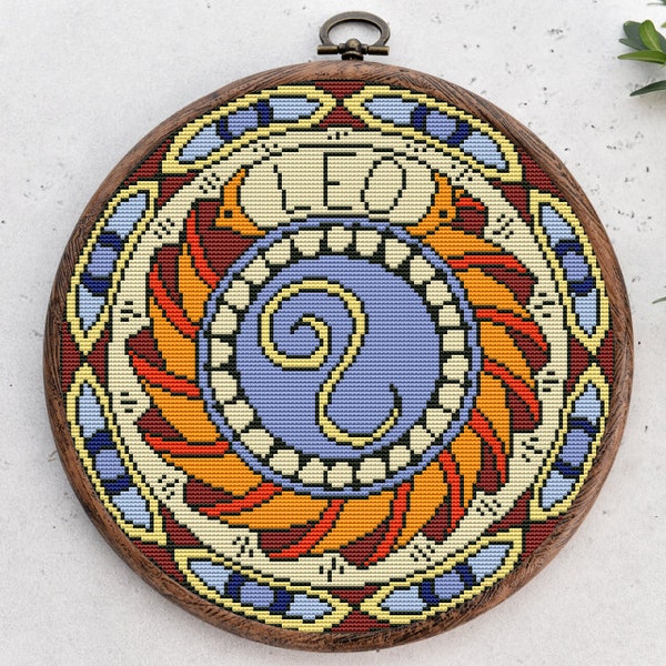 Leo Zodiac Modern cross stitch pattern Astrological sign embroidery Zodiac symbol wall decor Mandala counted x-stitch Instant download PDF