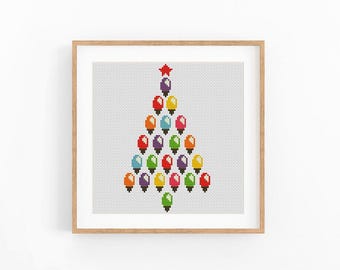 Retro Christmas Light Bulb Tree Cross Stitch Pattern, Colorful Holiday Chart, Small Wall Decor, Beginner Friendly, Instant Download PDF