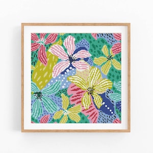 Può includere: Una stampa artistica incorniciata con un colorato motivo floreale. L'opera presenta fiori stilizzati nei toni del rosa, giallo, blu e verde su uno sfondo verde. La stampa è presentata in una cornice di legno naturale, aggiungendo un tocco di calore.