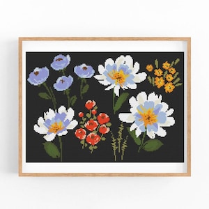 Wilde bloemen. Modern kruissteekpatroon. Getelde kruissteekkaart. Borduurwerk met natuurhoepelkunst. Kleine steek. Pdf direct downloaden