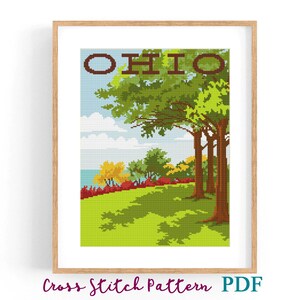 Patrón de punto de cruz de Ohio Estados Unidos. Cartel de viaje retro EE. UU. Gráfico de punto de cruz contado por la naturaleza. Paisaje. Descarga instantánea de PDF.