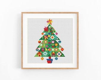 Christmas Tree Cross Stitch Pattern, Ornament Decorated Chart, PDF Instant Download
