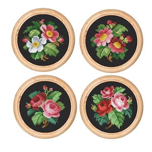 Set van 4 vintage kruissteekpatroon, bloemen, rozen, Victoriaans, antiek kruissteekontwerp, mini x-steekpatroon, pdf-bestand direct downloaden