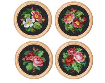 Set di 4 schemi per punto croce vintage, fiori, rose, vittoriano, disegno per punto croce antico, mini schema a punto croce, PDF scaricabile immediatamente