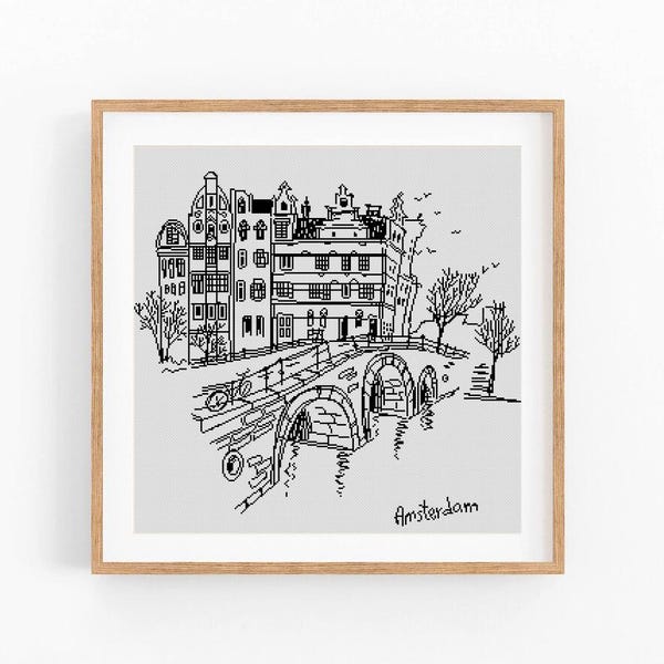 Patrón de punto de cruz de Ámsterdam. Póster de viaje monocromático. Gráfico de punto de cruz contado. Bordado de paisaje urbano conceptual. Descarga instantánea en PDF.