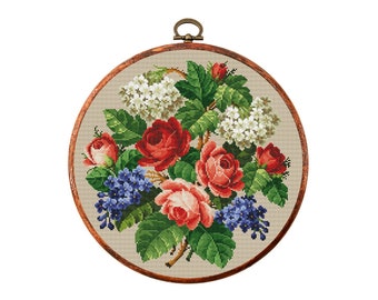 Wzór haftu krzyżykowego „Kwiaty w stylu vintage”, antyczny wzór haftu krzyżykowego, wiktoriański wzór haftu krzyżykowego, haftowany kwiat, natychmiastowe pobranie pliku PDF