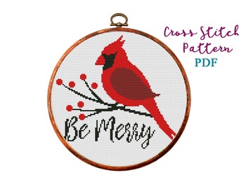 Christmas Cross Stitch Pattern, Christmas bird. Be merry.Easy cross stitch chart,New Year cross stitch, Small Hoop Art, Instant download PDF