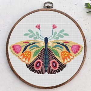 Cross stitch pattern, Floral Butterfly, folk, nature cross stitch, Hoop Embroidery. Modern counted cross stitch chart.Instant download PDF image 1