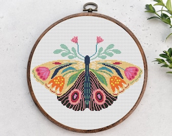 Cross stitch pattern, Floral Butterfly, folk, nature cross stitch, Hoop Embroidery. Modern counted cross stitch chart.Instant download PDF