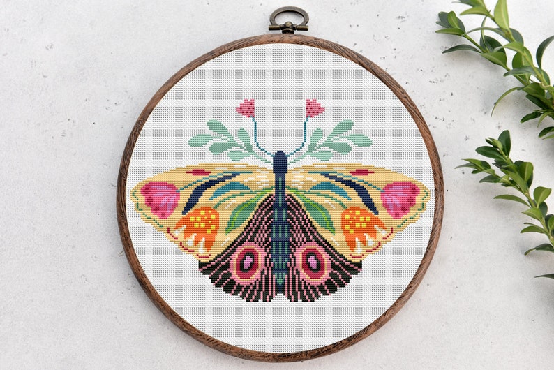 Cross stitch pattern, Floral Butterfly, folk, nature cross stitch, Hoop Embroidery. Modern counted cross stitch chart.Instant download PDF image 1