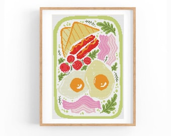 Fried Bacon Eggs Cross Stitch Pattern, Kitchen Decor Chart, Food Xstitch Design, Instant Download PDF