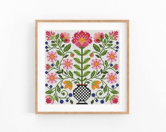 Folk Flower Cross Stitch Pattern, Vase Symmetrical Floral Chart, Instant Download PDF