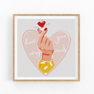 Koreańskie palce serca, nowoczesny wzór krzyżykowy. Walentynki, Kocham Cię, schemat krzyżykowy, początkujący xstitch, natychmiastowe pobranie pliku PDF.