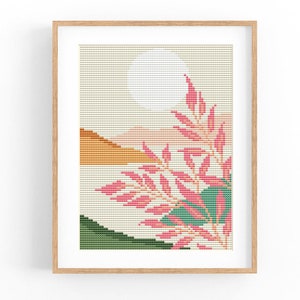 Puede incluir: Un patrón de punto de cruz enmarcado con un diseño floral rosa y verde sobre un fondo beige. El diseño floral es estilizado y abstracto.