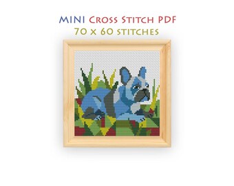 Blue French Bulldog Mini Cross Stitch Pattern, Modern Beginner Garden Dog Chart, Instant Download PDF