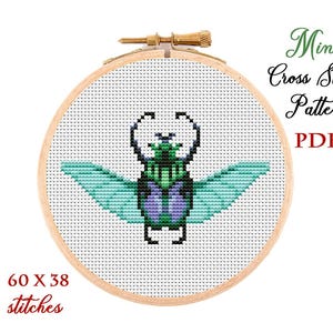 May include: A cross stitch pattern of a green and purple beetle with teal wings. The pattern is 60 stitches wide by 38 stitches high. The pattern is displayed in a wooden embroidery hoop.