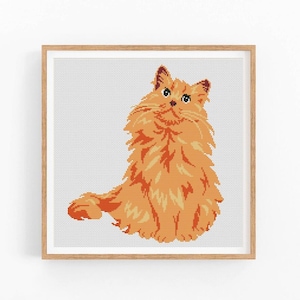May include: A cross-stitch pattern of a fluffy orange cat sitting with its head tilted up, looking at the viewer.