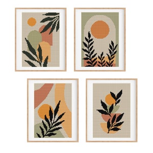 Set of 4 Modern Boho Cross stitch patterns, Abstract nature cross stitch, Plant, Sun, Small counted cross stitch chart. Instant download PDF