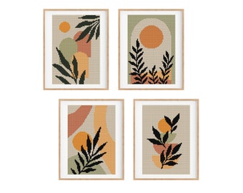 Set of 4 Modern Boho Cross stitch patterns, Abstract nature cross stitch, Plant, Sun, Small counted cross stitch chart. Instant download PDF
