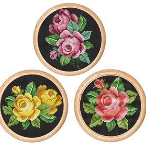 Set van 3 Vintage Cross Stitch Patroon, Bloemen, Rozen, Victoriaans, Antiek Cross Stitch Design, Mini x-stitch patroon, Instant download PDF