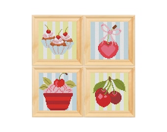 Set of 4 Cherry Cross Stitch Patterns, Dessert Kitchen Chart, Colorful Food Art PDF Download
