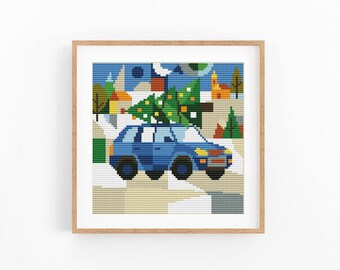 Christmas Car Cross Stitch Pattern, Snowy Village Xmas Tree Scene, Beginner Friendly, Instant Download PDF