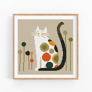 Kruissteekpatroon, abstracte witte kat, bloemen, modern x-stitchpatroon, kruissteektabel, kattenliefhebber cadeaupatroon, Instant Download PDF