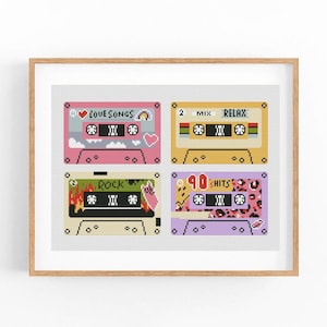 Set van vier retro vintage tapecassettes kruissteekpatroon, artwork, modern x-stitchpatroon, kruissteektabel, instant download pdf