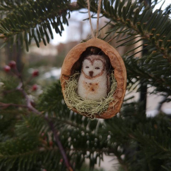 Tiny needle felted owl in walnut shell - Waldorf - Seasonal Table - Ornament - wool