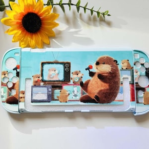 Aangepaste Singing Otter-hoes voor Switch 2 OLED Lite, schattige hoes van wolvilt kunstschakelaar, gepersonaliseerde hoes fotogame, esthetisch dierenliefhebber cadeau