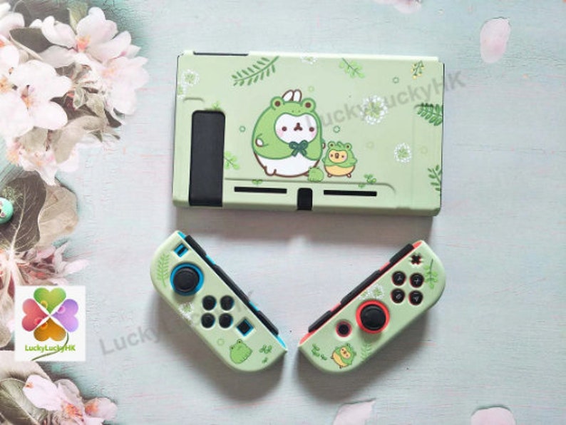 Puede incluir: Un estuche y un conjunto de mandos para consola Nintendo Switch de color verde claro. El estuche y los mandos presentan un dise&ntilde;o de rana de dibujos animados con detalles florales blancos. Los mandos tienen detalles azules y rojos.