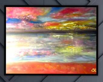 Peinture coucher de soleil rose, peinture coucher de soleil sur la mer, peinture pastel originale, tapis pastel, décoration de la maison, art mural paysage.